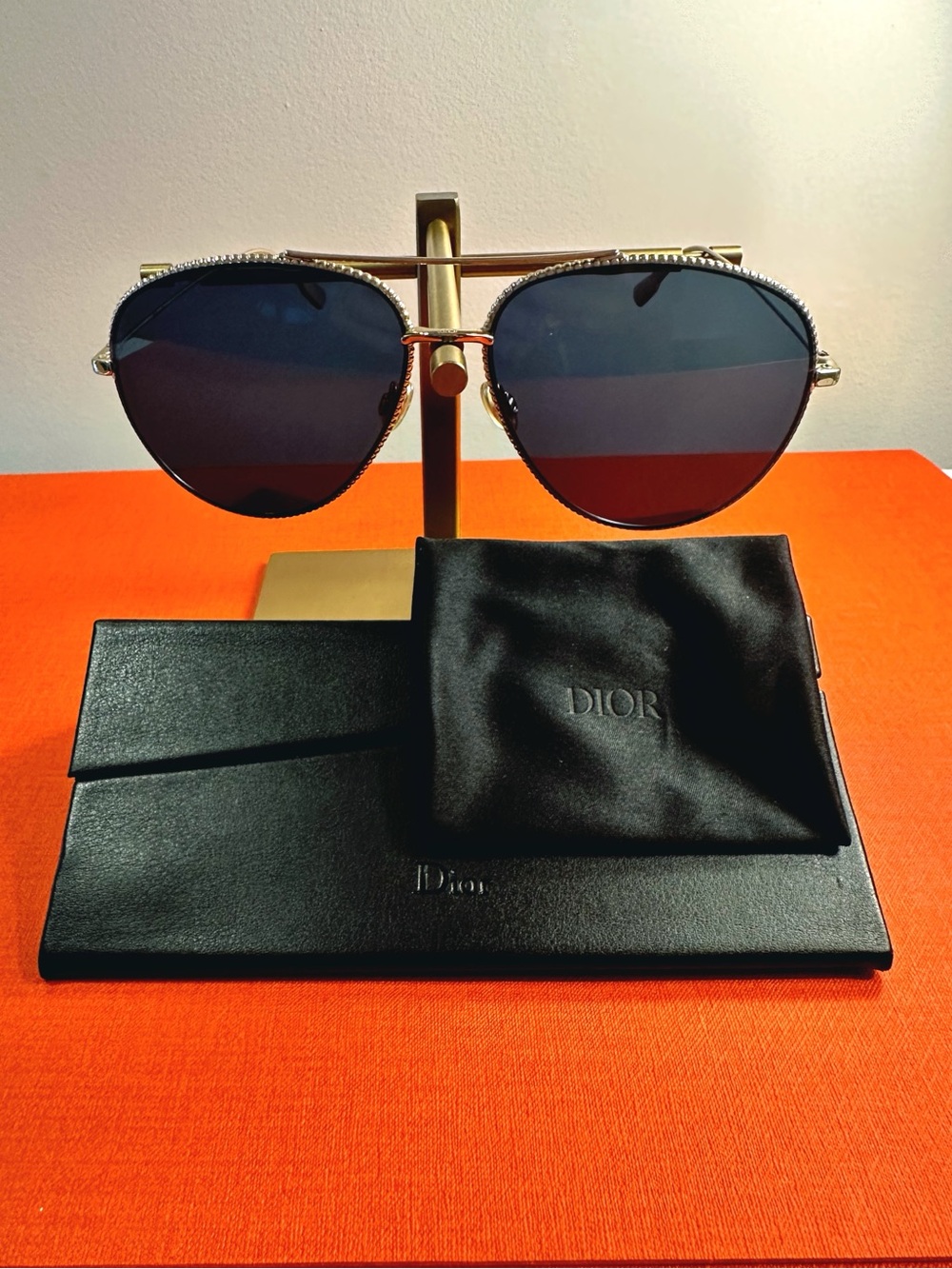 Dior Aviator Sunglasses Gold Metal Blue Lenses Textured Rim - LIKE NEW